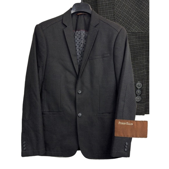 Perry Ellis Linen Blazer Mens 40R Grey Plaid Suit Jacket Sports Coat Elbow Patch - Picture 1 of 12